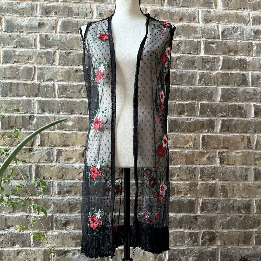 Sheer Open Front Kimono Duster Cardigan Beach Cover Up Fringe Floral Lagen Small